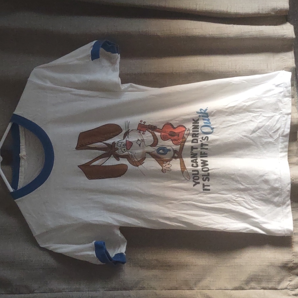 White Ringer Tee with Blue Trim and Bunny Graphic